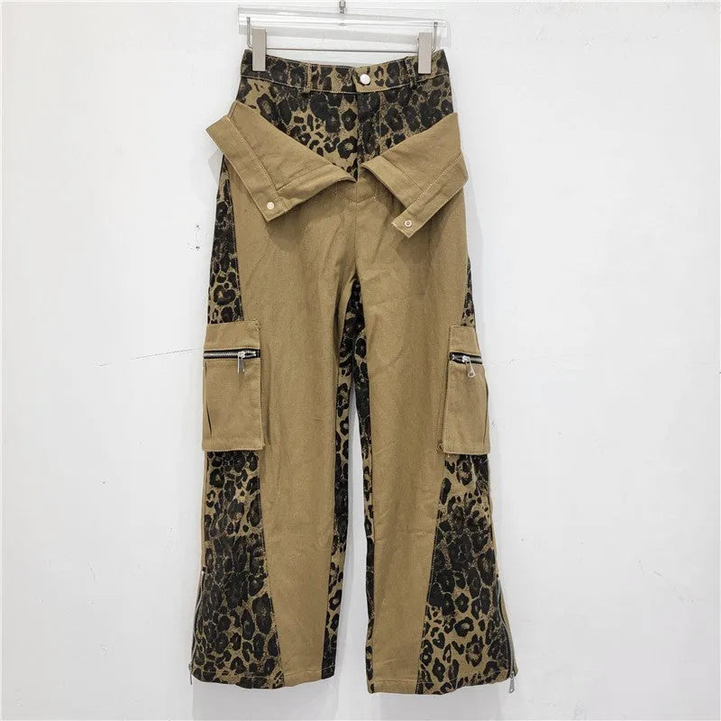 Women's dark khaki high waist jeans with leopard print and contrast stitching detail