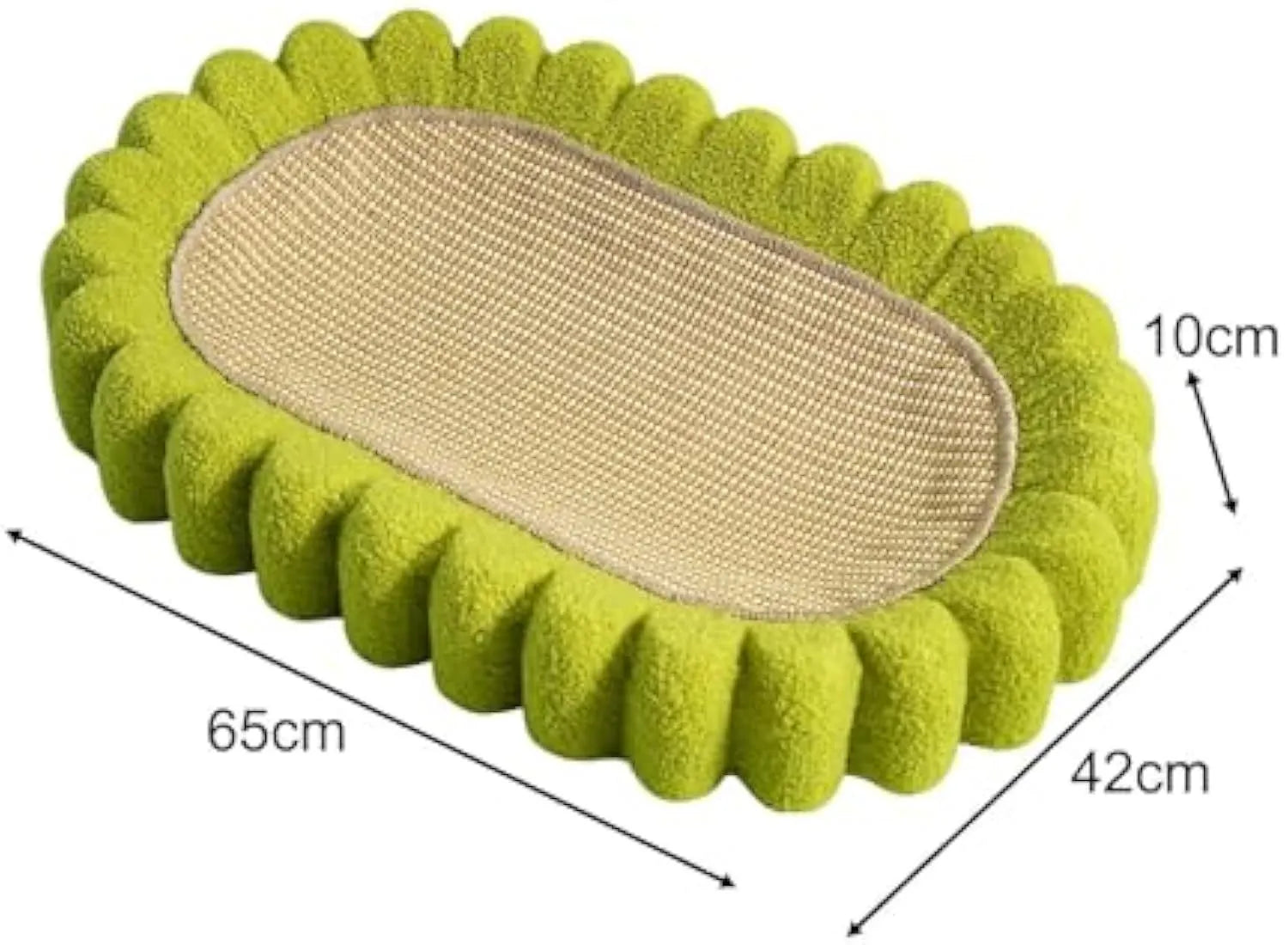 Green oval-shaped sisal cat scratching pad with a deep centre bowl for use as a cat bed.