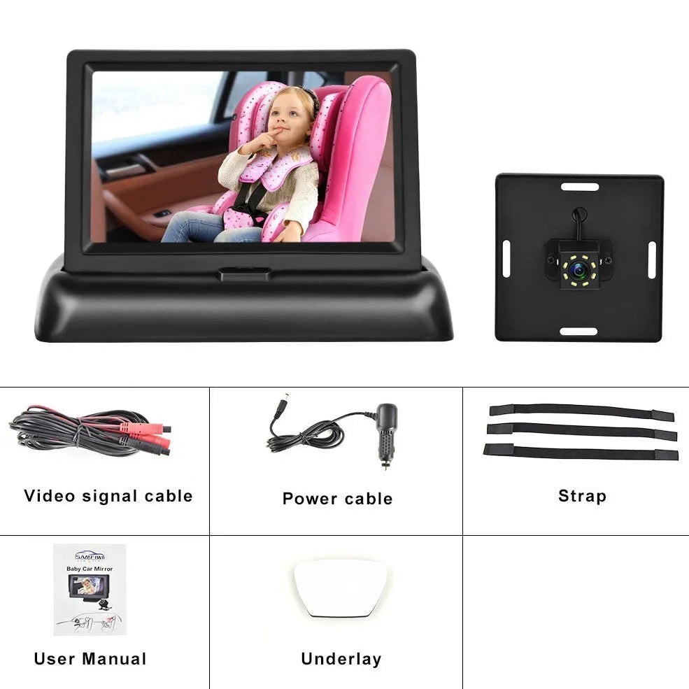 12-24V folding screen baby monitor with 4.3-inch display and rear camera for car installation