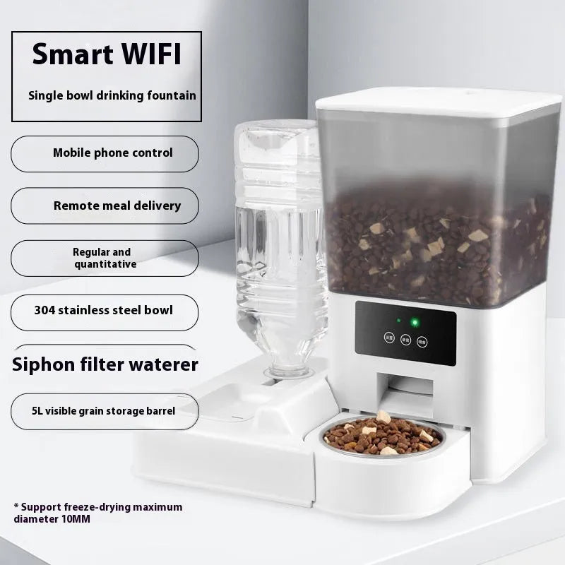 Smart pet feeder with stainless steel bowl and 5L capacity reservoir in multiple control versions