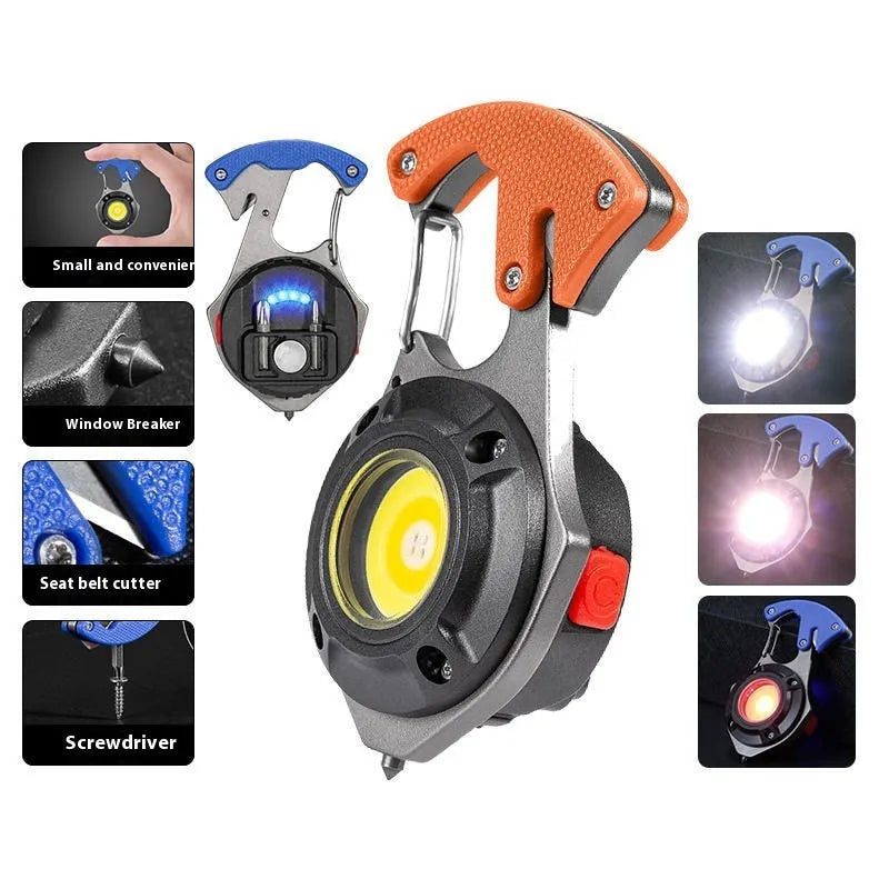 Multifunctional keychain flashlight with window breaker and screwdriver, showing Type-C charging port and LED display.