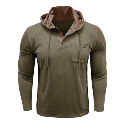 Man wearing a grey hooded henley long-sleeved t-shirt, showcasing the pullover style and cotton blend fabric.