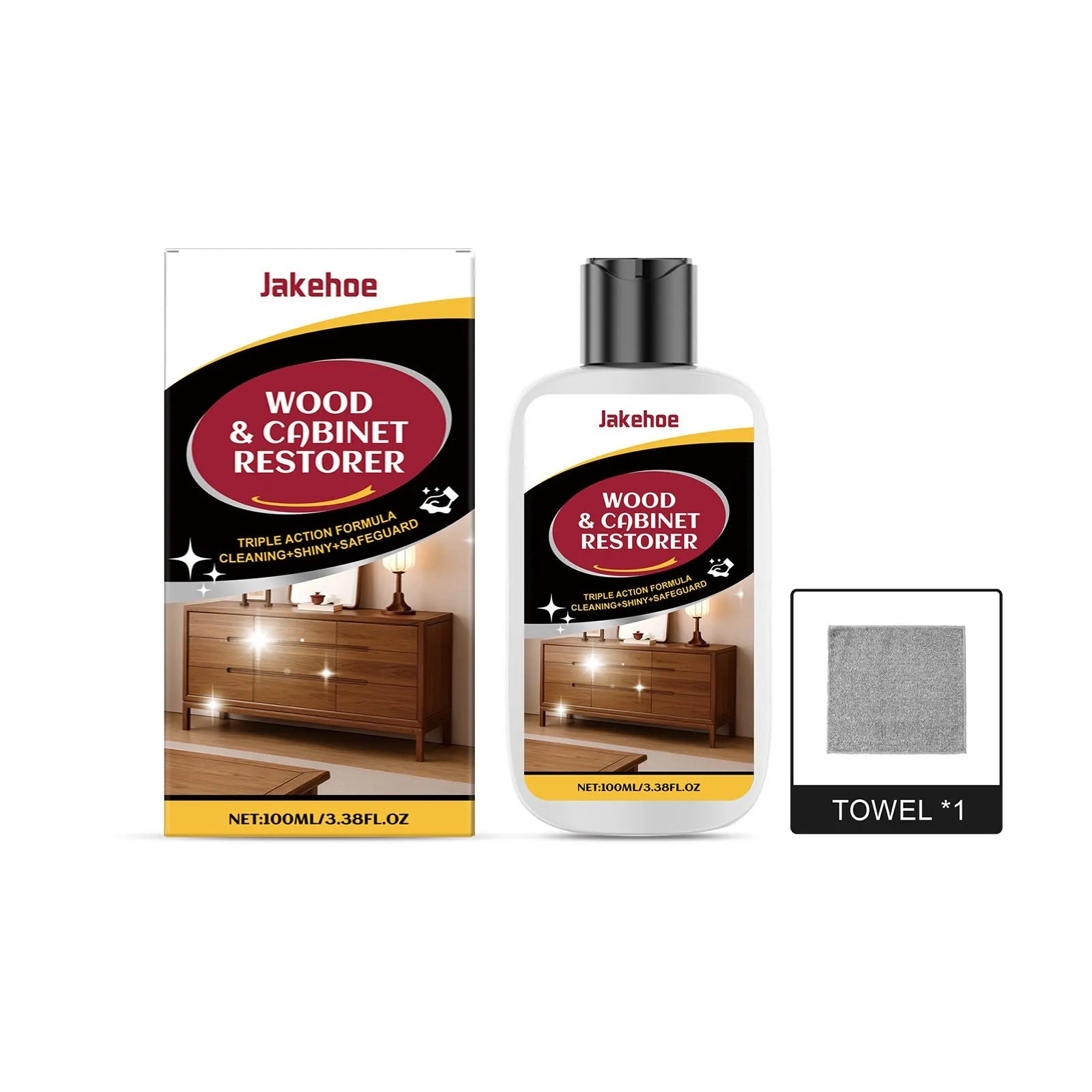 100ml bottle of wood scratch care agent and a 20cm x 20cm white microfibre towel on a wooden table.