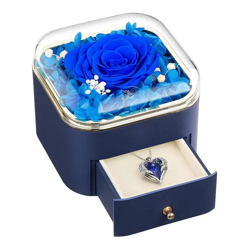 Valentine's Day rose flower drawer jewellery box with preserved eternal flowers and love crystal necklace gift set
