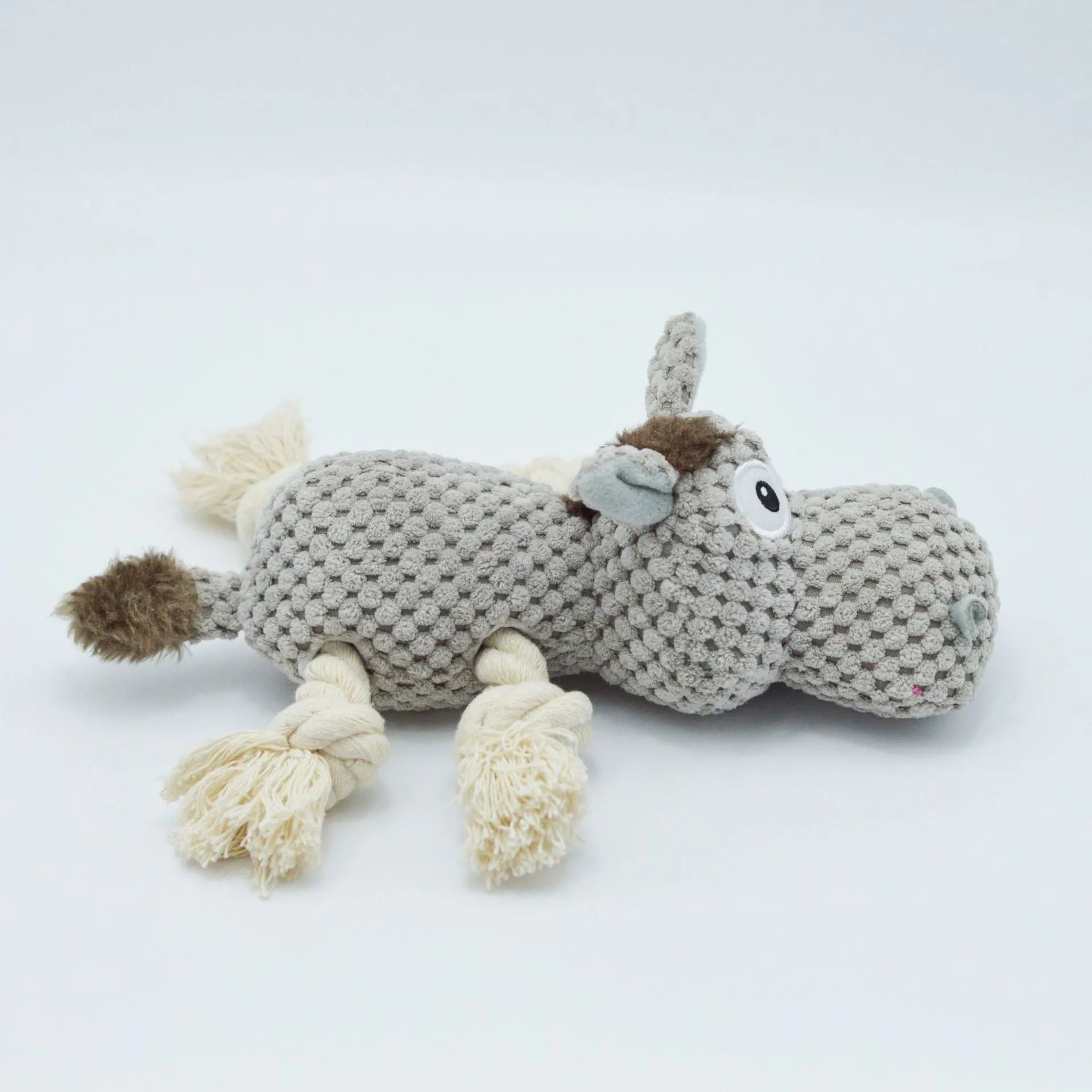 Grey donkey-shaped plush dog toy with cloth velvet material showing creaking sound feature