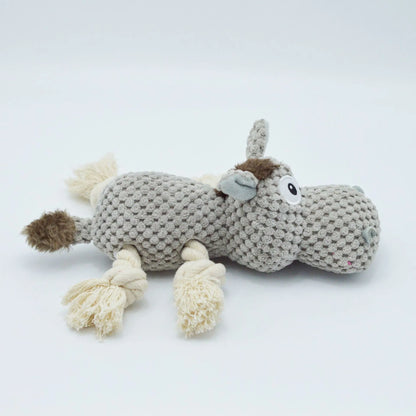 Grey donkey-shaped plush dog toy with cloth velvet material showing creaking sound feature