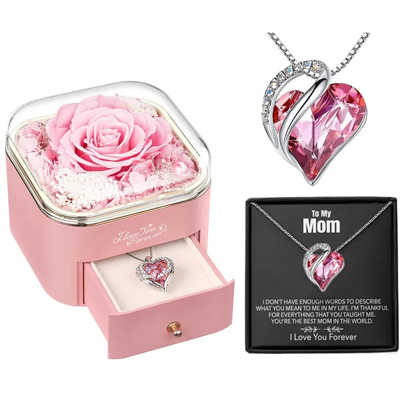 Valentine's Day rose flower drawer jewellery box with preserved eternal flowers and love crystal necklace gift set
