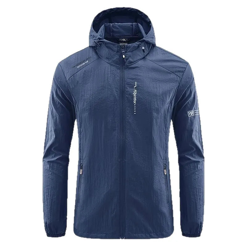 Men's lightweight nylon hooded jacket for sun protection in a loose fit, shown in dark blue.