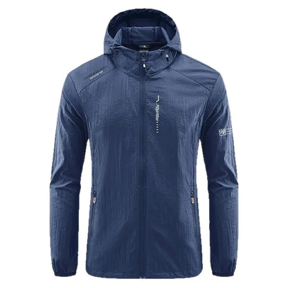 Men's lightweight nylon hooded jacket for sun protection in a loose fit, shown in dark blue.