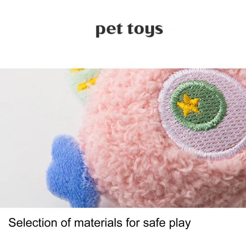 Plush cartoon dog chew toy with large eyes and squeaker in grey, green, pink, white or yellow
