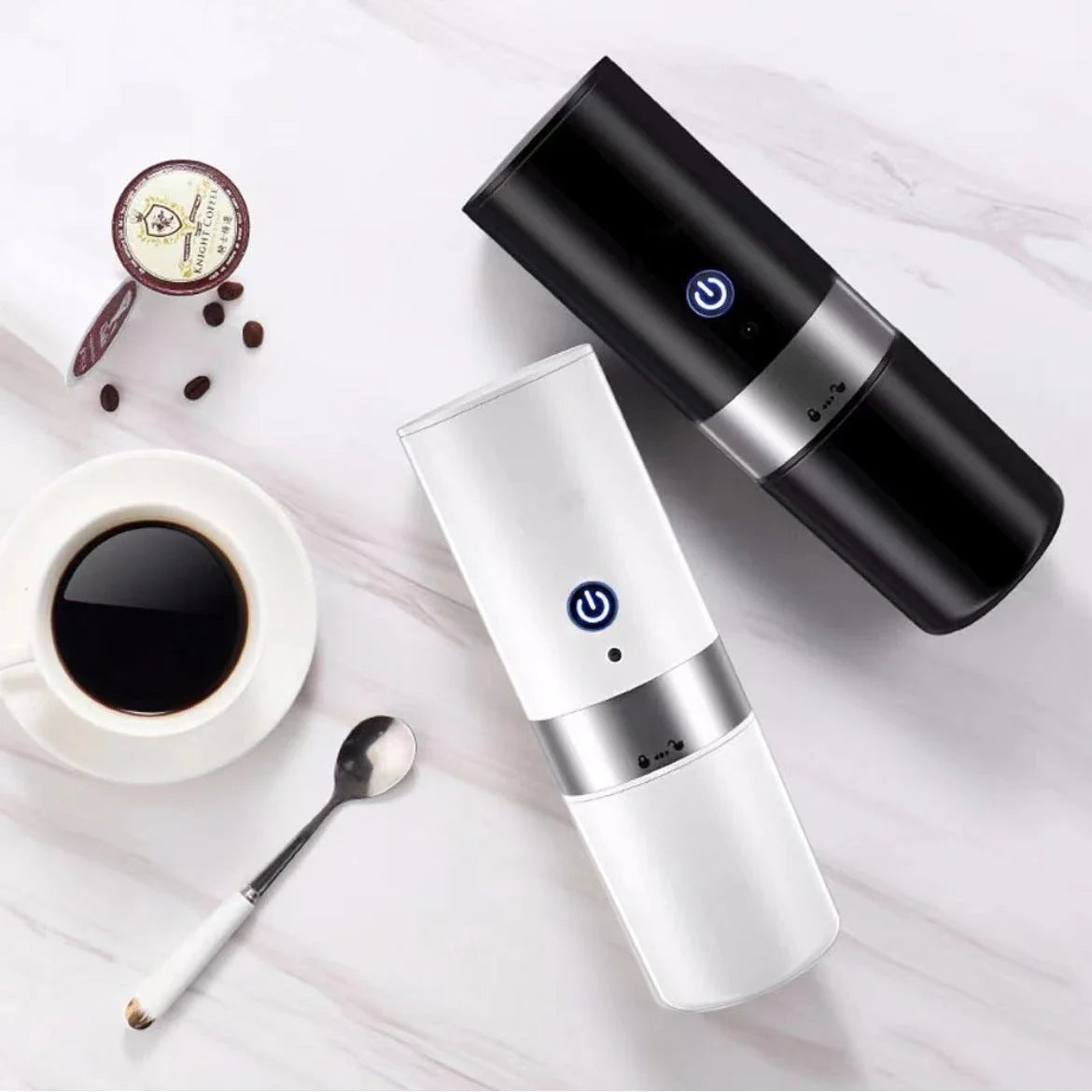 Portable espresso machine with one-touch operation, compatible with coffee capsules and ground beans, for brewing cafe-quality coffee anytime, anywhere.