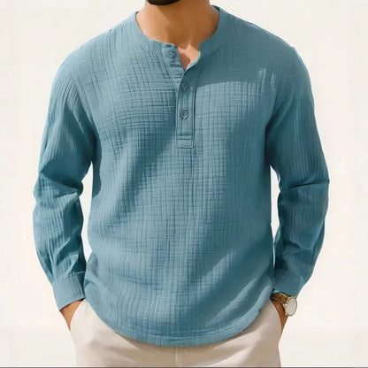 Slim fit long sleeve shirt with round neck and 3/4 sleeves in linen-style fabric