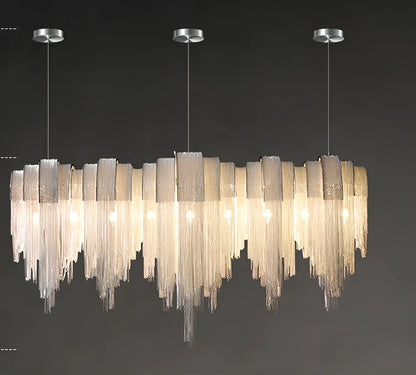Silver Nordic tassel aluminium chain chandelier, 110cm diameter with 130cm adjustable wire and 5000K LED for living room lighting