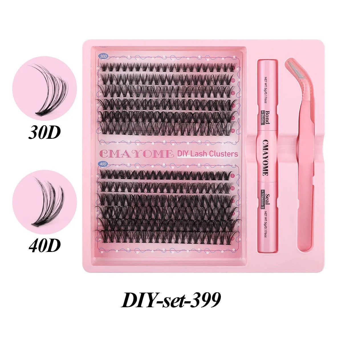 DIY single cluster false eyelashes set showing artificial fibre lashes in a natural thick, mixed split style.