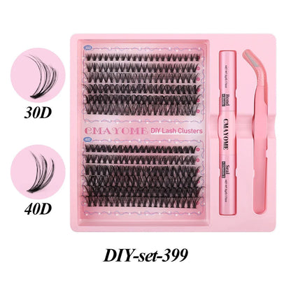 DIY single cluster false eyelashes set showing artificial fibre lashes in a natural thick, mixed split style.