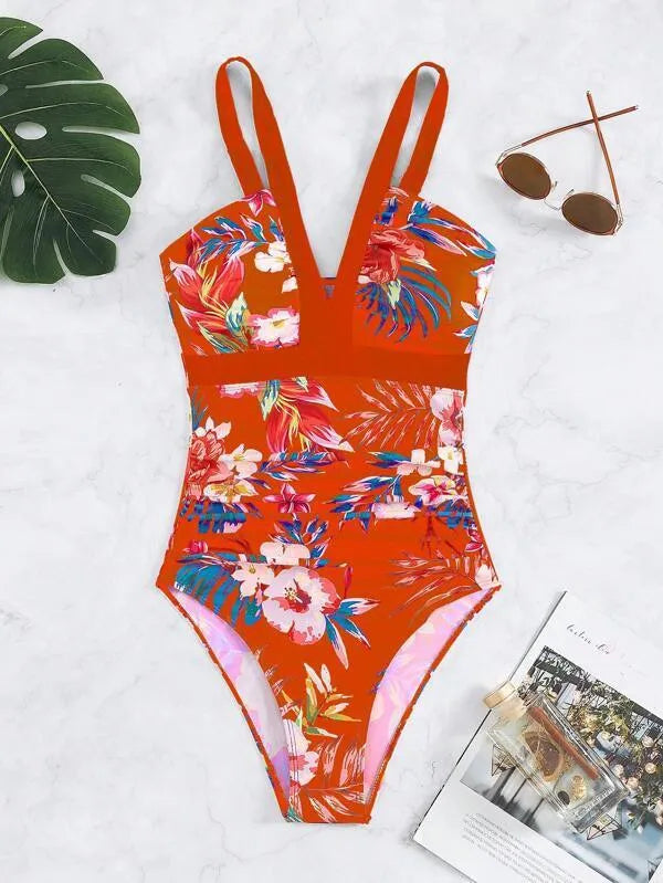 Women's floral pattern backless one-piece swimsuit in spandex-polyester fabric for swimming