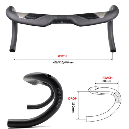 Matt carbon fibre road bike drop handlebar showing bent shape and clamp area.