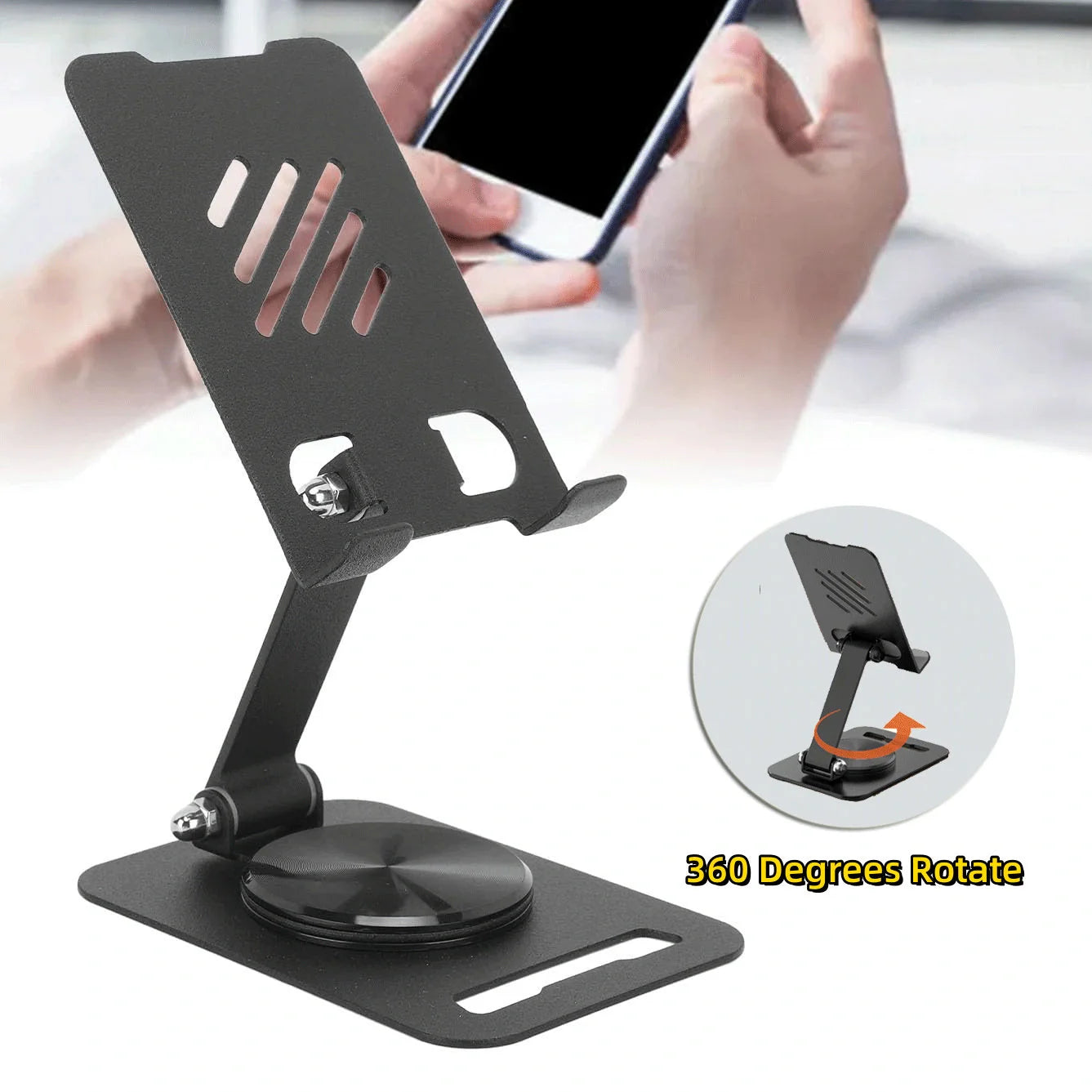 Sleek 360-degree rotating aluminium alloy phone and tablet stand for desks