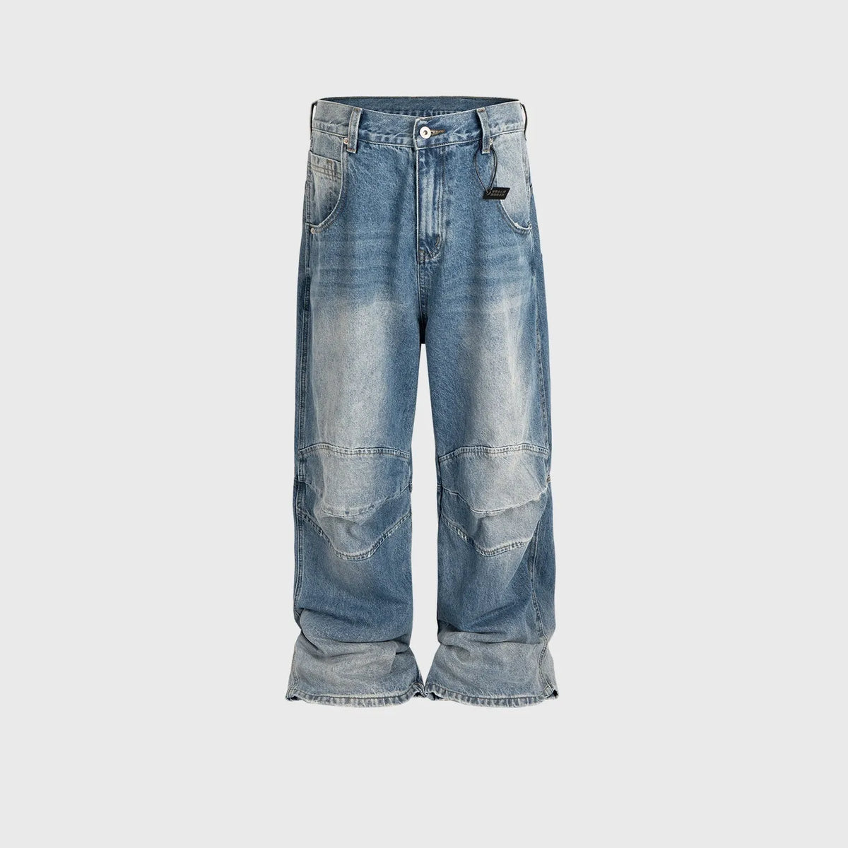 Men's blue washed denim jeans with baggy straight-leg cut and zip fly placket