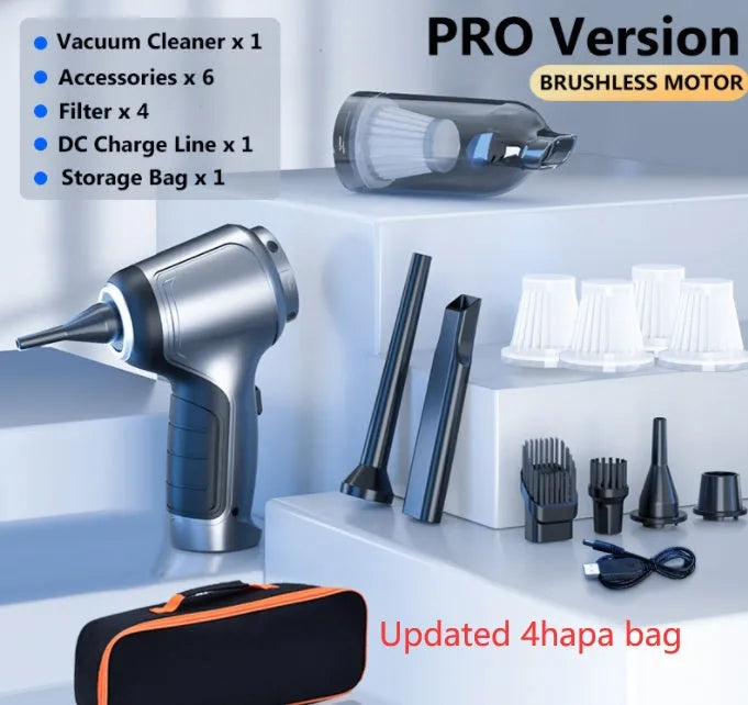 Car mounted brushless handheld inflatable vacuum cleaner with EVA bag on green background