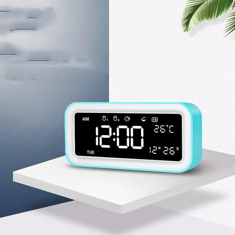 Blue rectangular LED atmosphere alarm clock with digital display and music function, 190x91x53mm