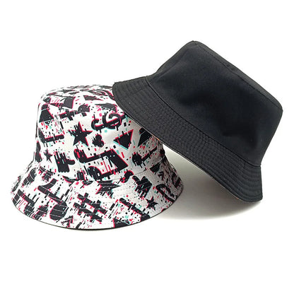 White bucket hat with black musical note pattern print, dome crown shape.