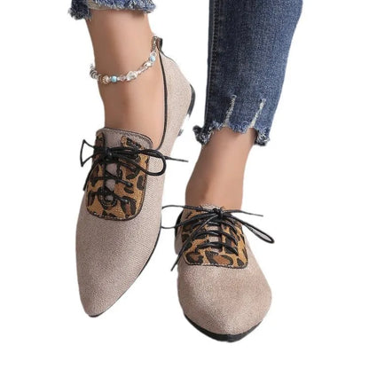 Beige leopard print women's pumps with pointed toe design for plus sizes