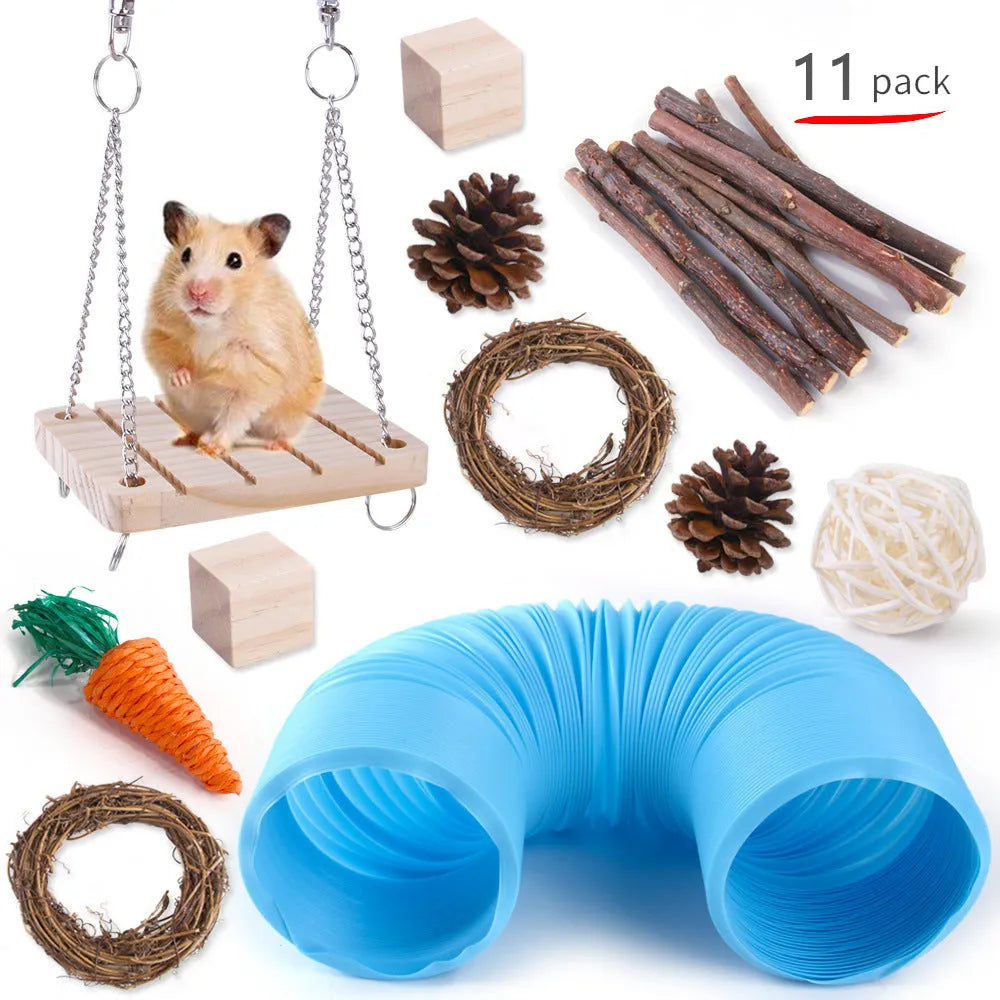 Assorted natural wooden chew toys for small pets including balls, rings, and mats on a plain background.