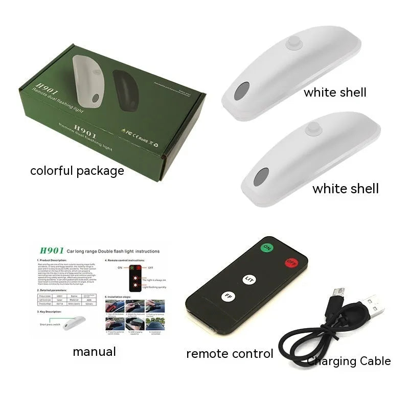 Black and white remote control car strobe light for safety in rain and fog, shown with its charging cable.