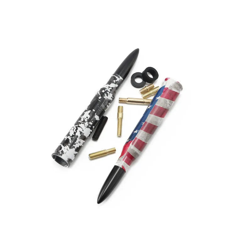 14cm long bullet car antenna shown in colour black, camouflage green, and American flag designs.