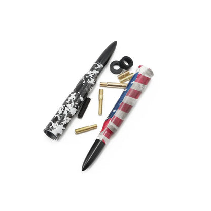 14cm long bullet car antenna shown in colour black, camouflage green, and American flag designs.