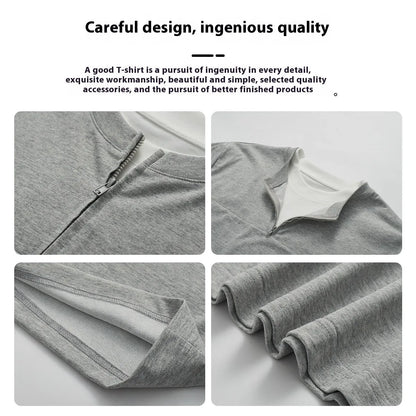 Solid colour loose fit cotton blend pullover top with patchwork collage detailing on a model.