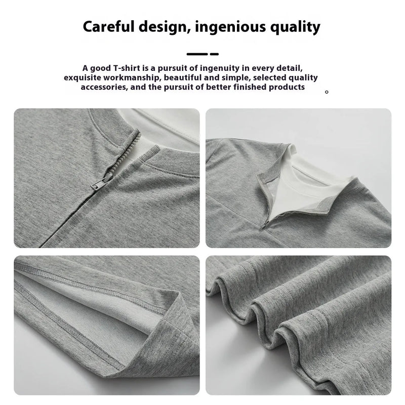 Solid colour cotton blend loose fit zip false two piece patchwork top in sapphire blue, black, or grey available in Asian sizes S to 2XL with a pullover style and ordinary thickness for casual youth fashion
