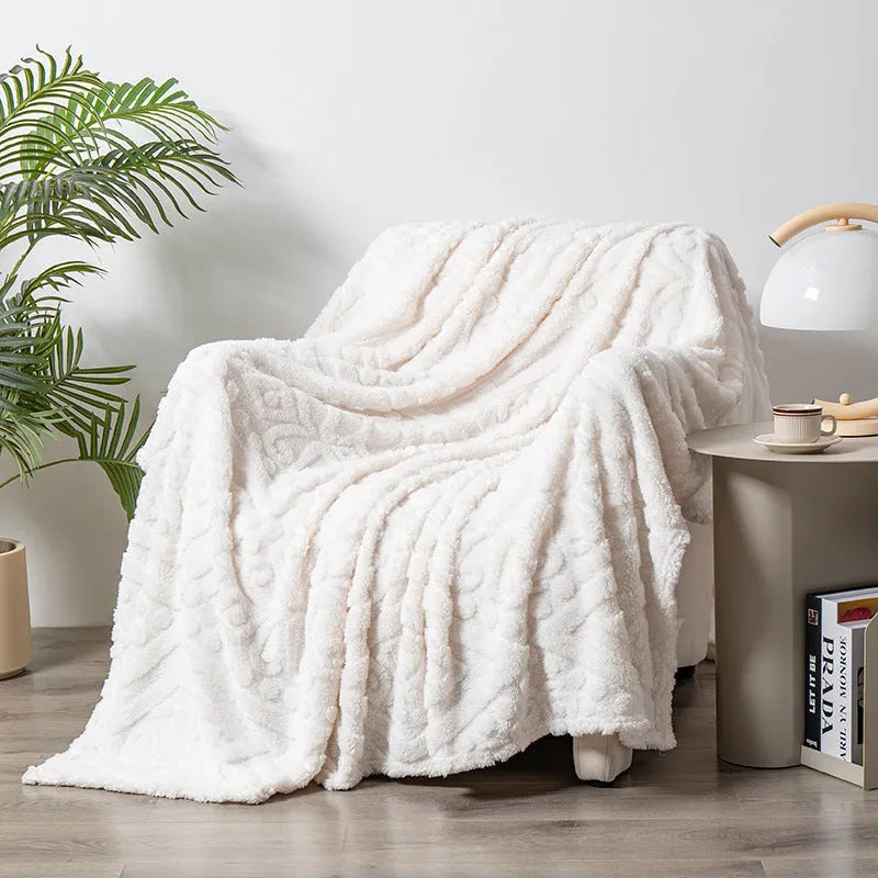 Shu velvet jacquard sofa blanket in solid colour with plant flower patterns showing size options