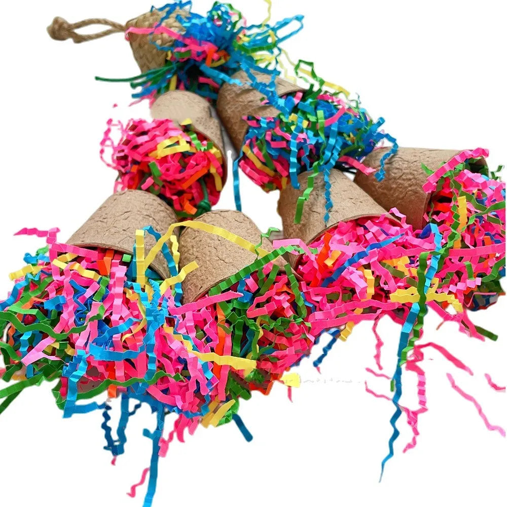 Natural palm leaf parrot chewing toy hanging with woven paper cup design.