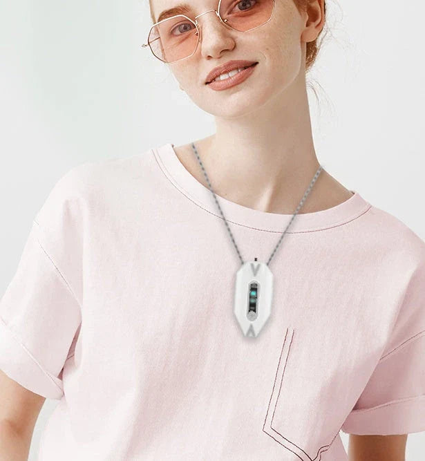 Compact rechargeable air purifier necklace with adjustable negative ion settings and long-lasting battery