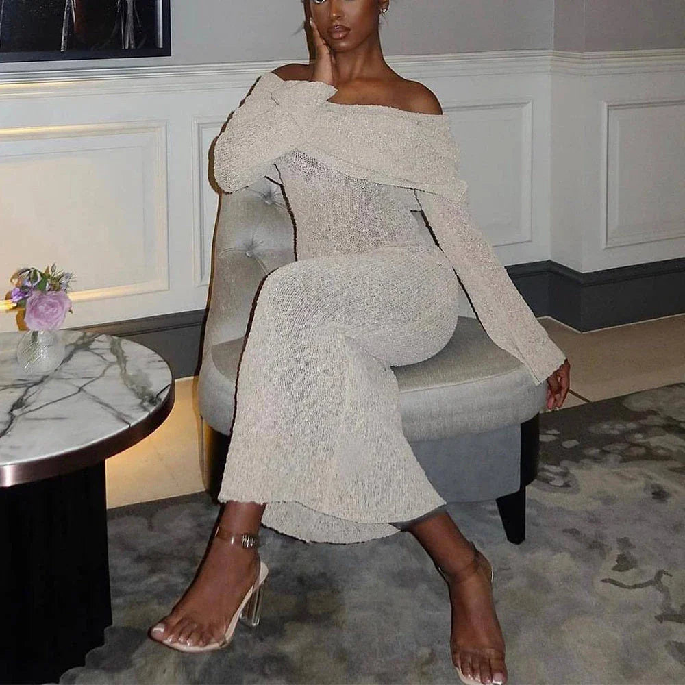 One-shoulder knit maxi dress in various colors, featuring a high-waisted silhouette and flowing skirt for a flattering and stylish look.