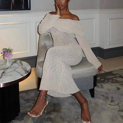 One-shoulder knit maxi dress in various colors, featuring a high-waisted silhouette and flowing skirt for a flattering and stylish look.