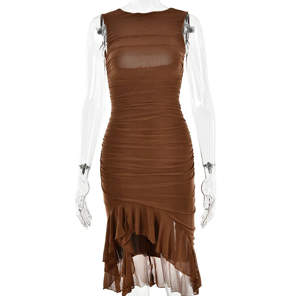 Chic sleeveless sheath dress in various colors, featuring a unique collage/splicing design and a form-fitting silhouette