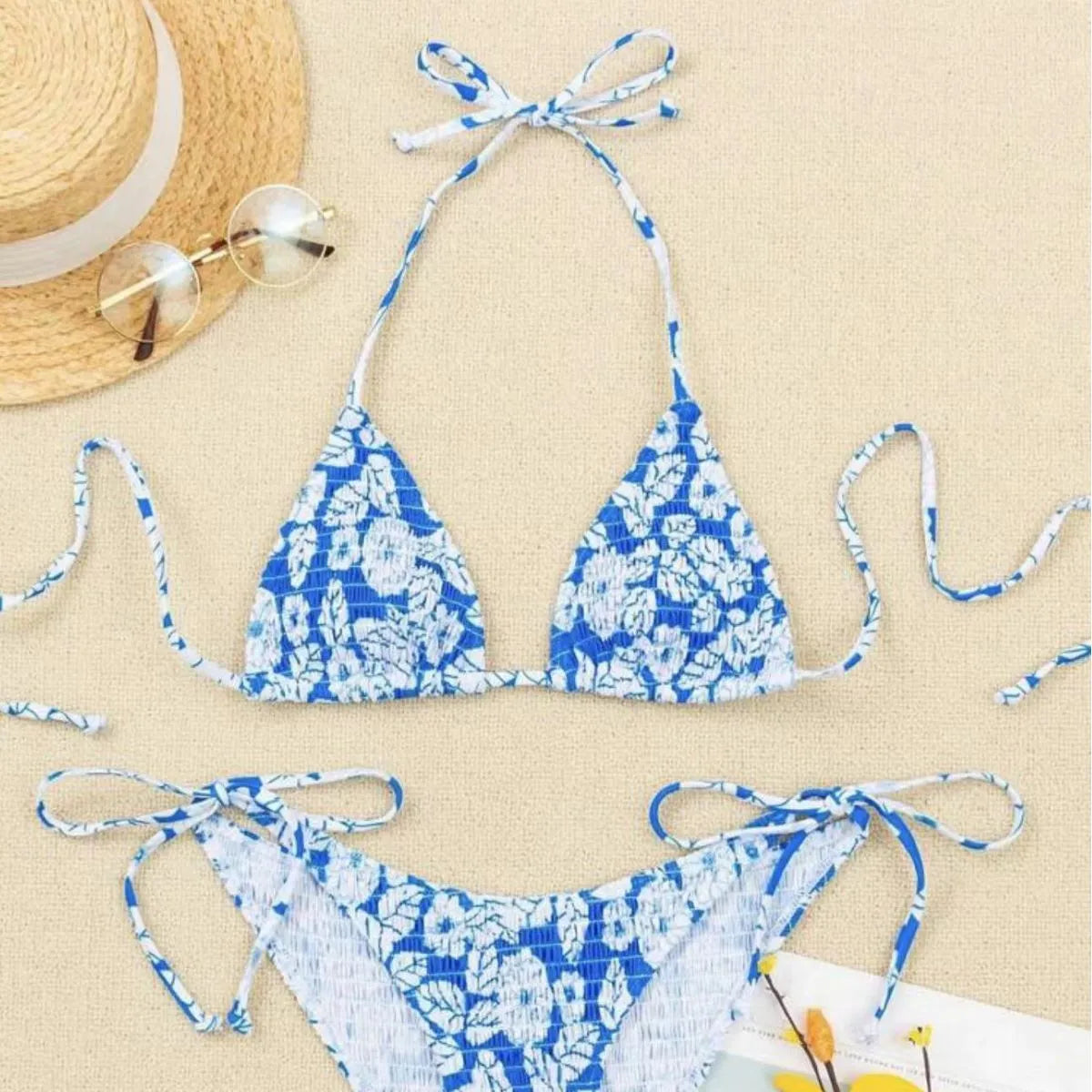 Women's floral halter swimsuit bikini set in multiple colours with brief bottoms