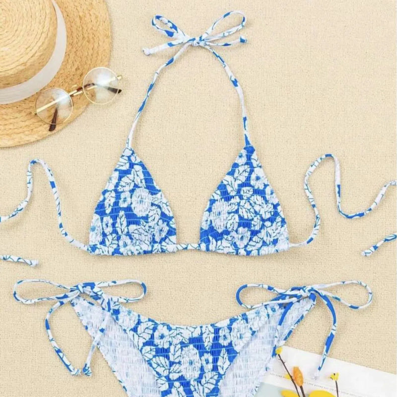 Women's halter swimsuit bikini multi-colour floral pattern with brief bottoms in polyester for summer beach and pool wear, available in sizes XS to XL and colour options including pink, rose red, orange red, light blue, and royal blue