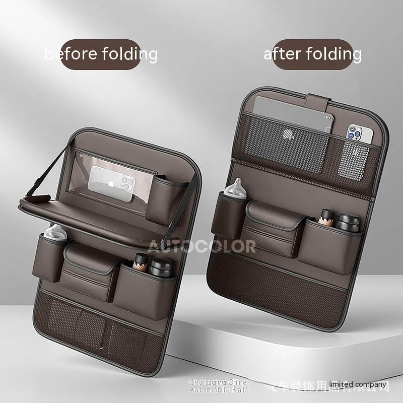 Leather car seat hanging storage bag with a fold-out dining table in black colour