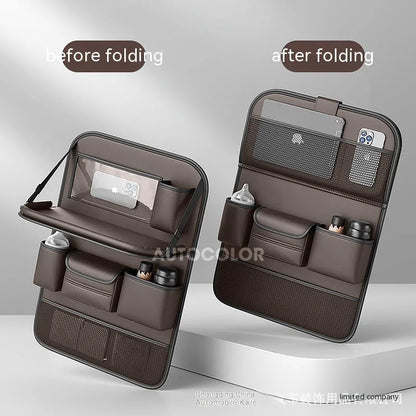 Leather car seat hanging storage bag with a fold-out dining table in black colour