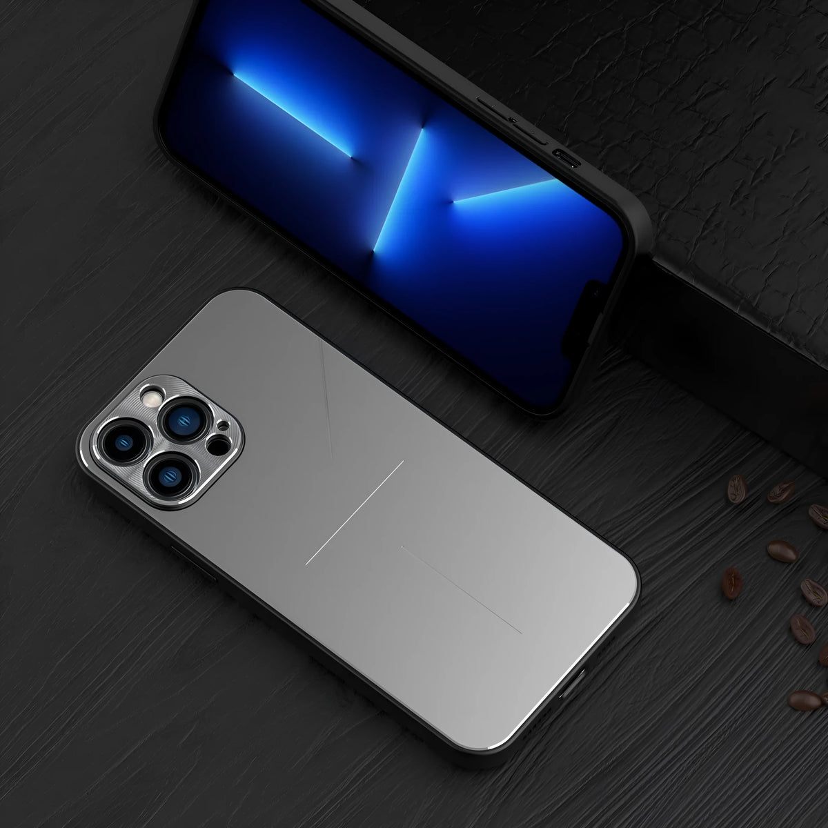 Metal frosted iPhone case with aluminium alloy and TPU back cover, shown in Black, Blue, Rose Gold and Silver.