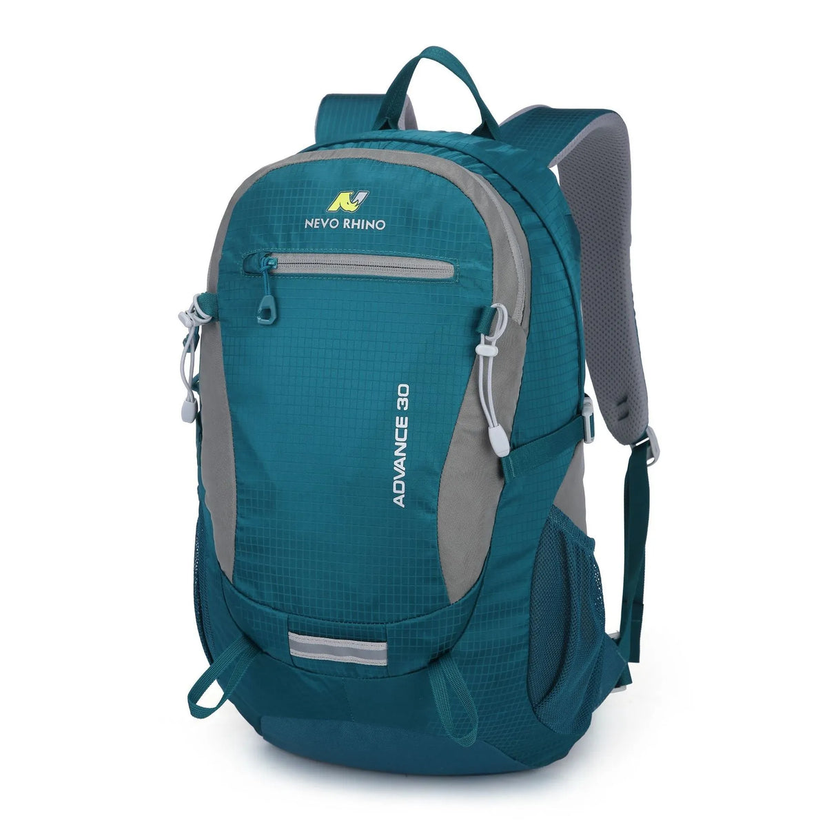 Dark green 30 litre nylon waterproof hiking backpack with airpillow straps on a neutral background.