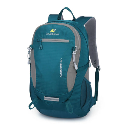 Dark green 30 litre nylon waterproof hiking backpack with airpillow straps on a neutral background.