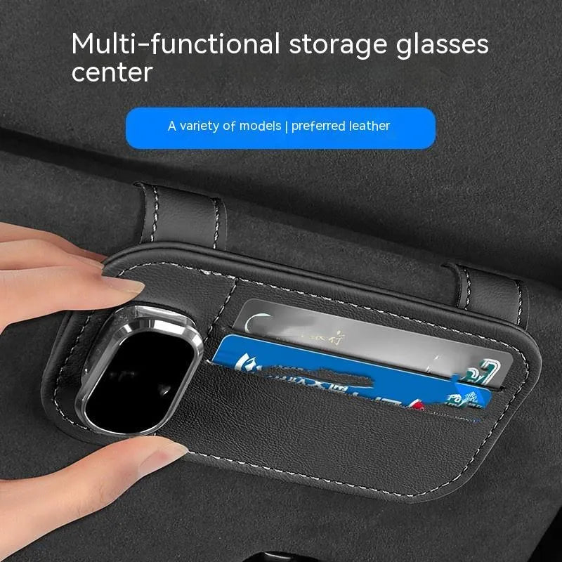 Leather car sun visor card holder with glasses clip in various colours