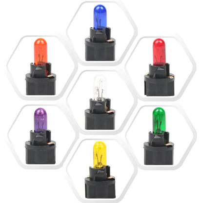 T5 car bubble meter indicator light in quartz glass showing six colour options for dashboard illumination
