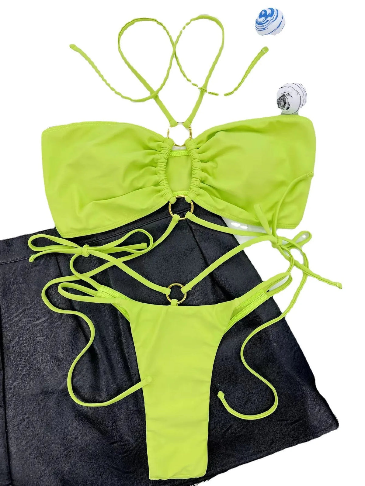 Yellow green women's split bikini with lace-up triangle top and T-pants