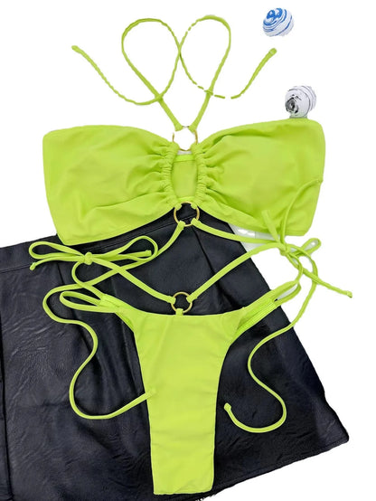 Yellow green women's split bikini with lace-up triangle top and T-pants